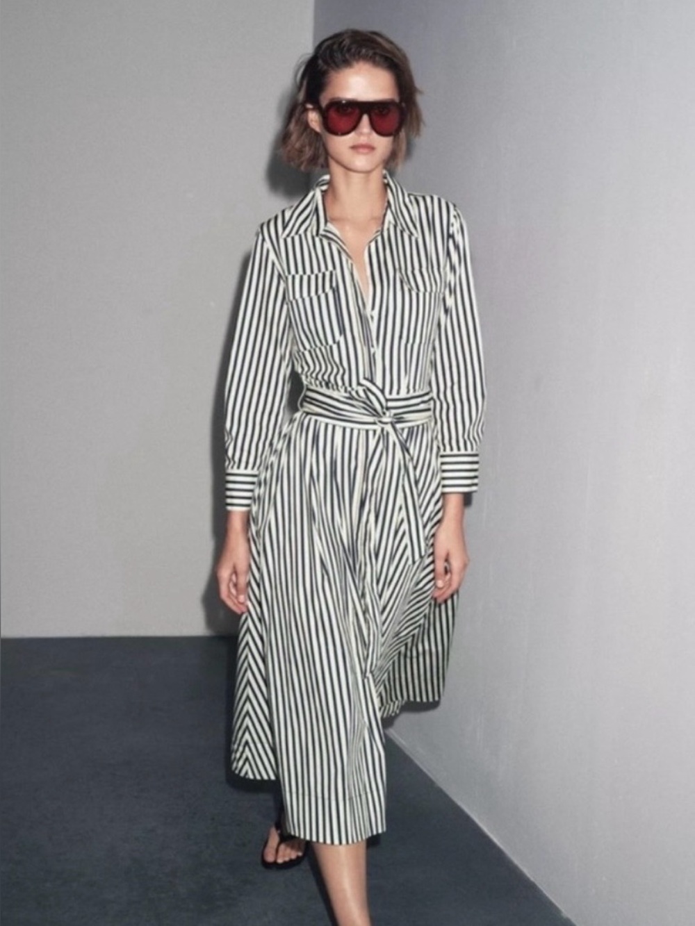 Zara ZW Collection Striped Shirt Dress with Waist Tie NWT